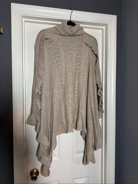Cozy Taupe Cable-Knit Poncho sweater with Ruffle Detail NWT